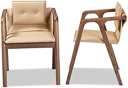 2-dijelni set stolica za blagovanje presvučenih Bež PU kožom i orahovim smeđim drvenim oblogama
