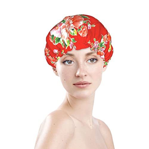 Žene za višekratnu upotrebu rastezanja šešir za kosu Kineska azija cvjetna crvena karirana dvostruki slojevi vodootporni
