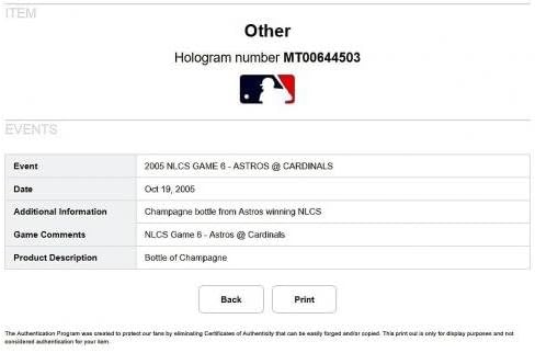 Houston Astros 2005 Pobjednička NLCS Game 6 šampanjca boca MLB Authentis MT00644503 - Ostale igre koje se koriste MLB predmeti