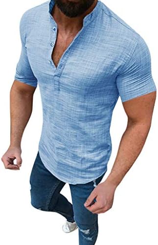 Muške pamučne lanene majice ležerne kratke rukave vitke fit vintage v gumb za vrat up majice solidne boje gornje boje bluza