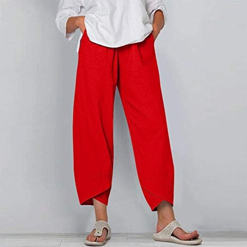 Ženske lanene hlače casual palazzo hlače s džepovima elastični struk labave hlače ženske široke noge obrezane hlače jednostavne