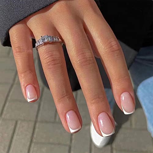 Ružičasti Francuski vrh pritisnite na nokte četvrtasti lažni nokti kratke duljine sa sjajnim dizajnom nalijepite ljepilo