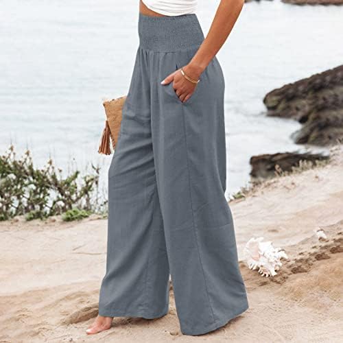Amober lanene hlače za žene Ljetne pamučne platnene hlače s visokim strukom, široke noge duge ležaljke hlače s džepom