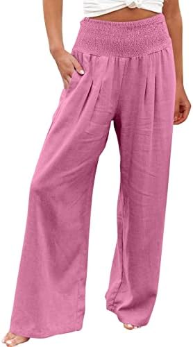 Amober lanene hlače za žene Ljetne pamučne platnene hlače s visokim strukom, široke noge duge ležaljke hlače s džepom