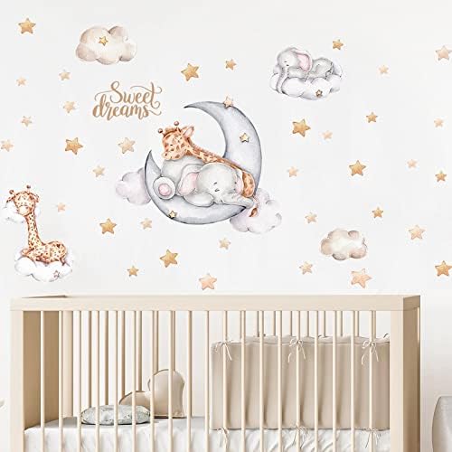 Slon i žirafa na Mjesecu i zvijezdama Zidne naljepnice za djecu Dekor dječje sobe slatki san mjesec balon zvijezda dekor