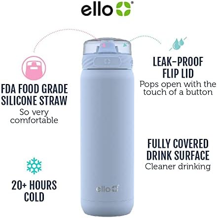 Ello Cooper vakuum izolirana boca vode od nehrđajućeg čelika s mekom slamom i nosačem, dvostrukim zidom, propuštanjem, svijetloplava,