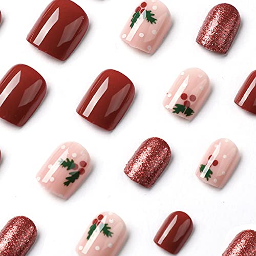 Božićna crvena preša na noktima Kratki Božićni lažni nokti Retro kvadratni Božićni listovi preša za nokte na sjajnim sjajnim