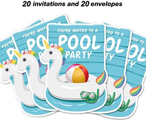 Pozivnice za zabavu na bazenu s omotnicama, 20 set bazena Unicorn Pozivnice za rođendan Dječja tuš za tuširanje poziva naklonosti,
