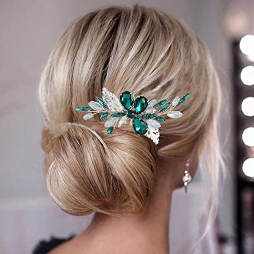 Ravni zeleni češljevi za mladenkinu kosu od rhinestona, srebrni opal vjenčani bočni češljevi, Dodaci za vjenčanu kosu za