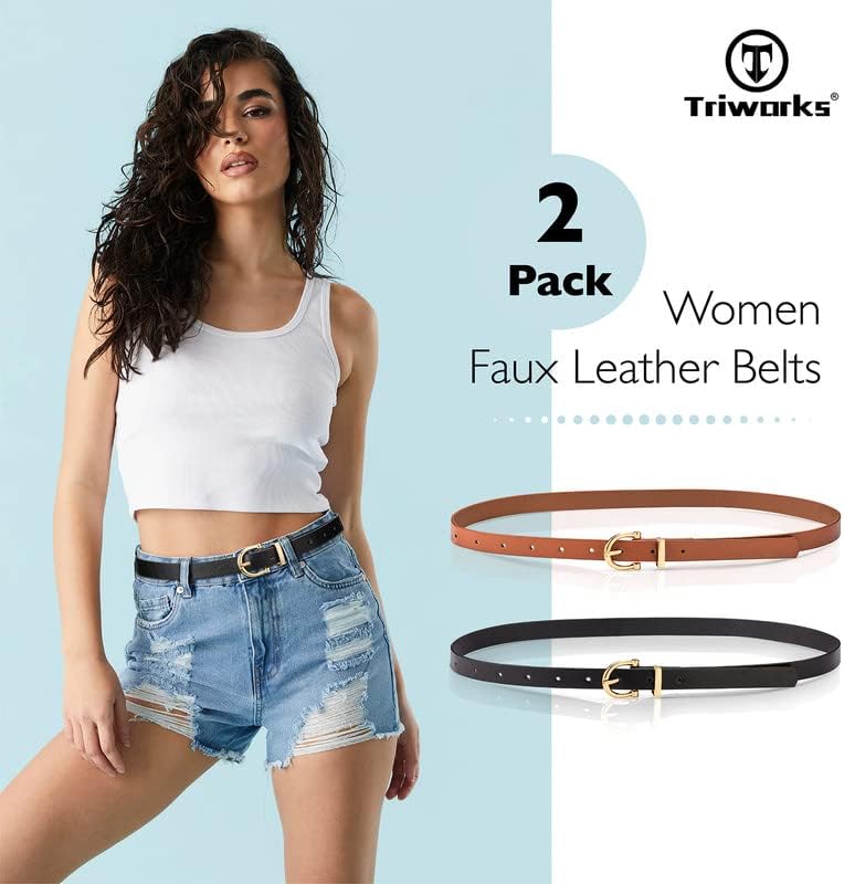 Triworks 2 pakirajte žene mršave kožne pojaseve modna zlatna kopča tanki pojas struka za hlače traperice