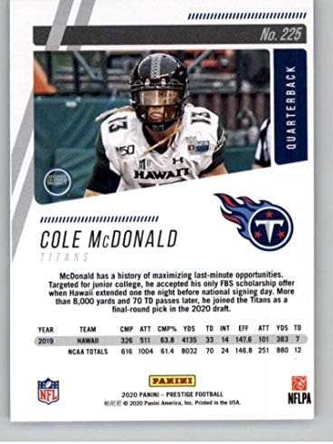 2020. Panini Prestige 225 Cole McDonald RC Rookie Tennessee Titans Nogometni trgovačka karta