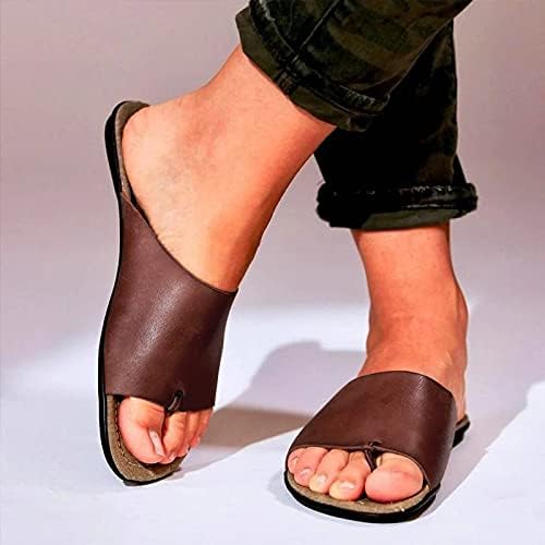 Ljetne papuče za žene japanke Ležerne jednobojne udobne kožne ravne sandale s okruglim nožnim prstima široke sandale