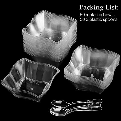 Toflen 50 pakiranje 5 oz Mini desert čaše s žlicama - Mini Ploče za predjelo za jednokratnu upotrebu male plastične zdjele