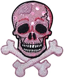 Pink Jolly Roger - lubanja s križanjem - Shimmery - vezeno željezo na flasteru